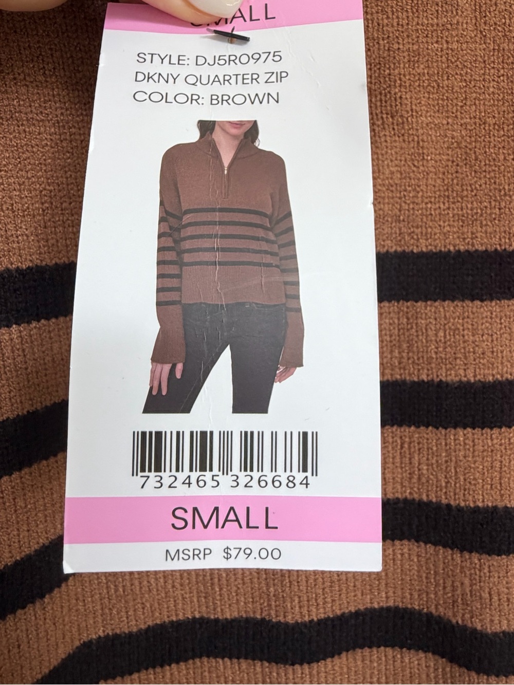 NEW Women's Brown Black Stripe DKNY Quarter Zip Sweater Size S - Picture 6 of 13